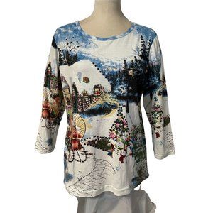 Collections Etc Womens Medium Top T Shirt Winter Scene Cotton Bedazzled